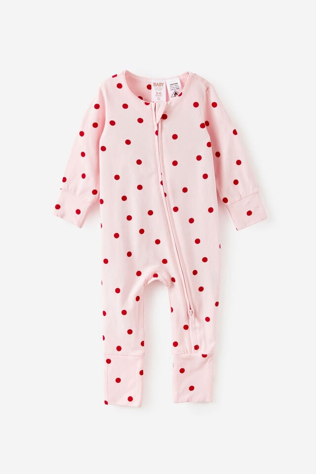 Growie Long Sleeve Zip Romper, TEA PARTY PINK/POLKA DOT