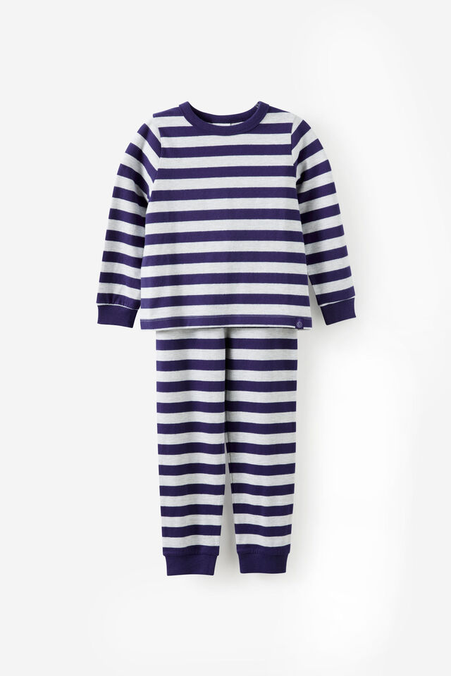 Dreamdrift Ls Pj Set - Grey Marle Rena Pers, BOBBI STRIPE GREY MARLE/DENIM NAVY