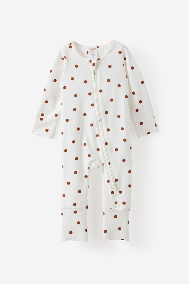 Growie Long Sleeve Zip Romper, VANILLA/POLKA DOT