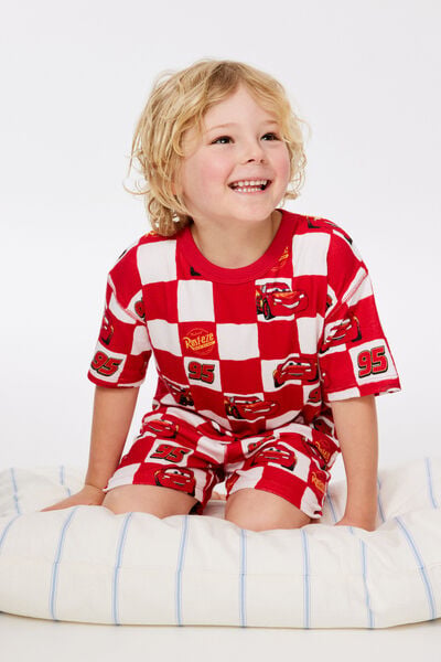 Snoozesoft Short Sleeve Boxer Pj Set License, LCN DIS VARSITY RED/LIGHTNING MCQUEEN CHECKS