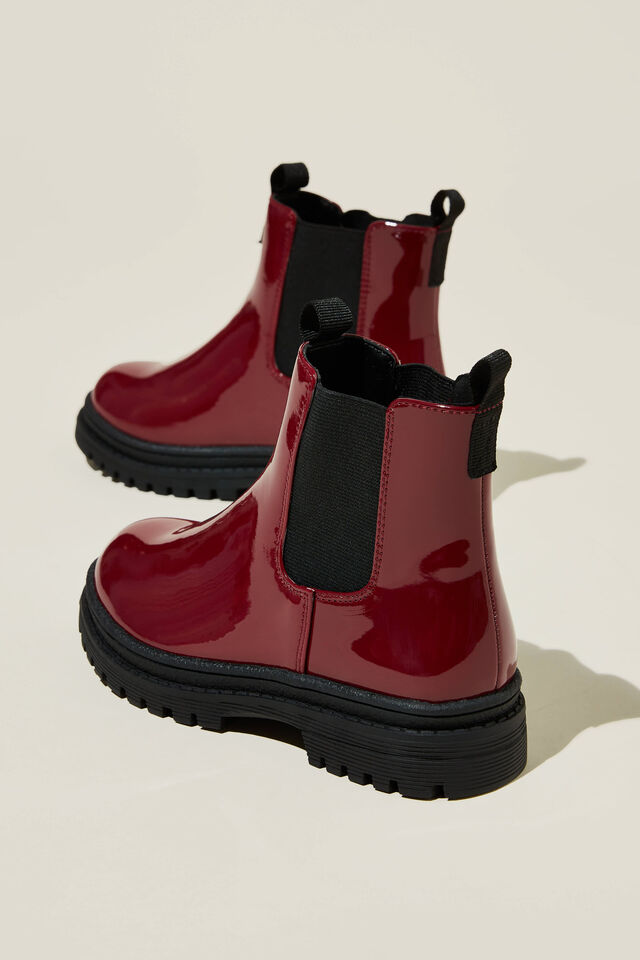 Pull On Gusset Boot, BURGUNDY PATENT
