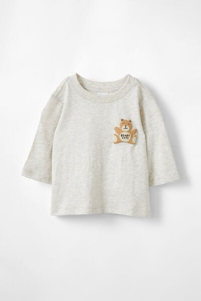 Jamie Long Sleeve Graphic Print Tee, OATMEAL MARLE/BEARY CUTE