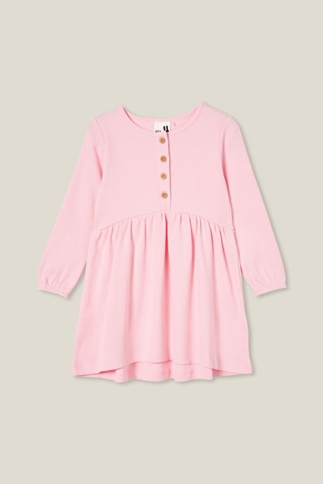 Sally Button Front Long Sleeve Dress, BLUSH PINK WAFFLE