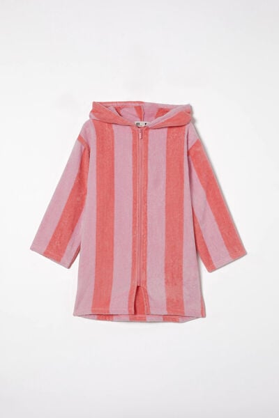 Kids Zip Thru Hooded Towel, BLUSH PINK/CORAL FIZZ STRIPE