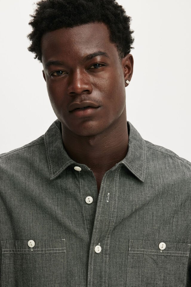 Denim Long Sleeve Worker Shirt, BLACK CHAMBRAY