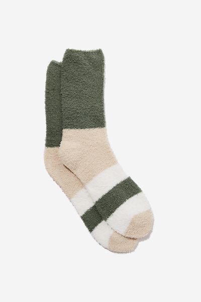 Fluffy Bed Sock, STONE/DARK GREEN/WHITE