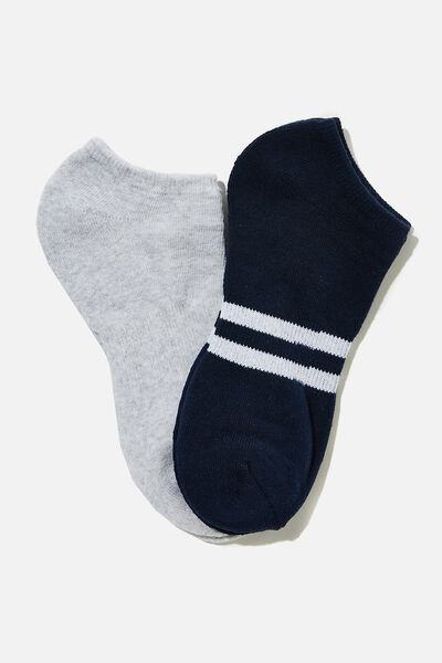 Ankle Socks 2 Pack, NAVY SPORT STRIPE/GREY MARLE