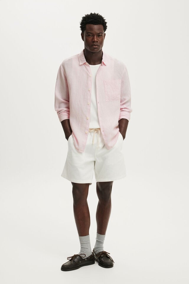 Relaxed Linen Long Sleeve Shirt, PINK STRIPE