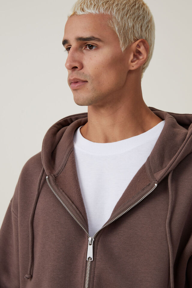 Box Fit Zip Up Hoodie, WASHED CHOCOLATE