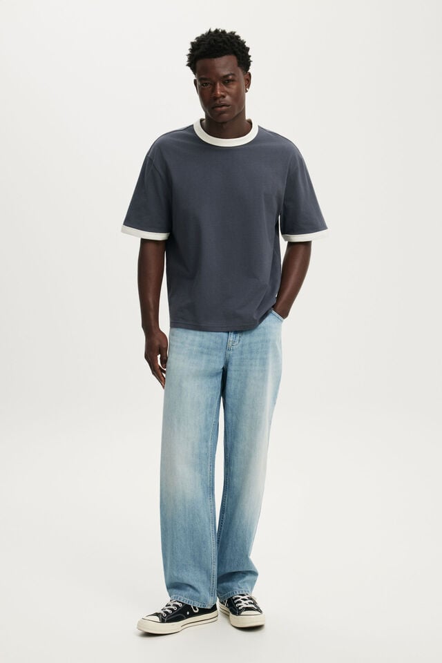 Cropped Fit T-Shirt, DENIM BLUE / VINTAGE WHITE RINGER