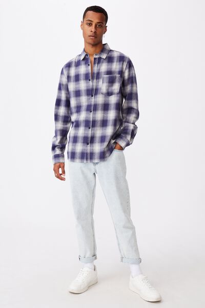 Washed Long Sleeve Check Shirt, MID BLUE OMBRE CHECK