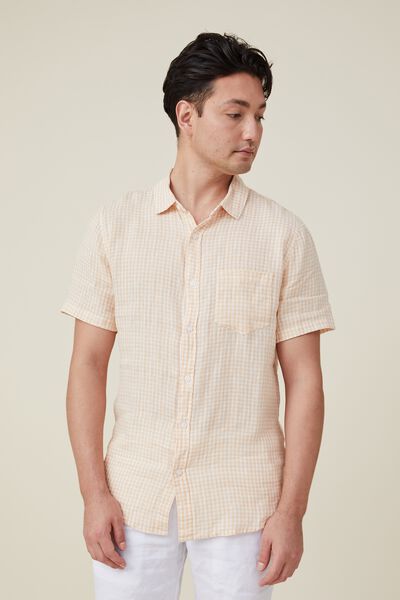 Camisas - Linen Short Sleeve Shirt, APRICOT GINGHAM