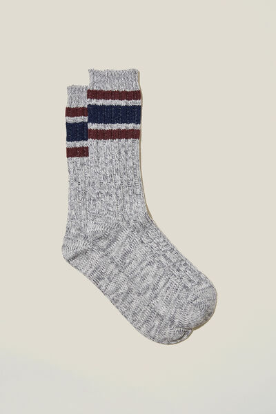 Chunky Knit Sock, GREY/BURGUNDY/NAVY TRIPLE STRIPE