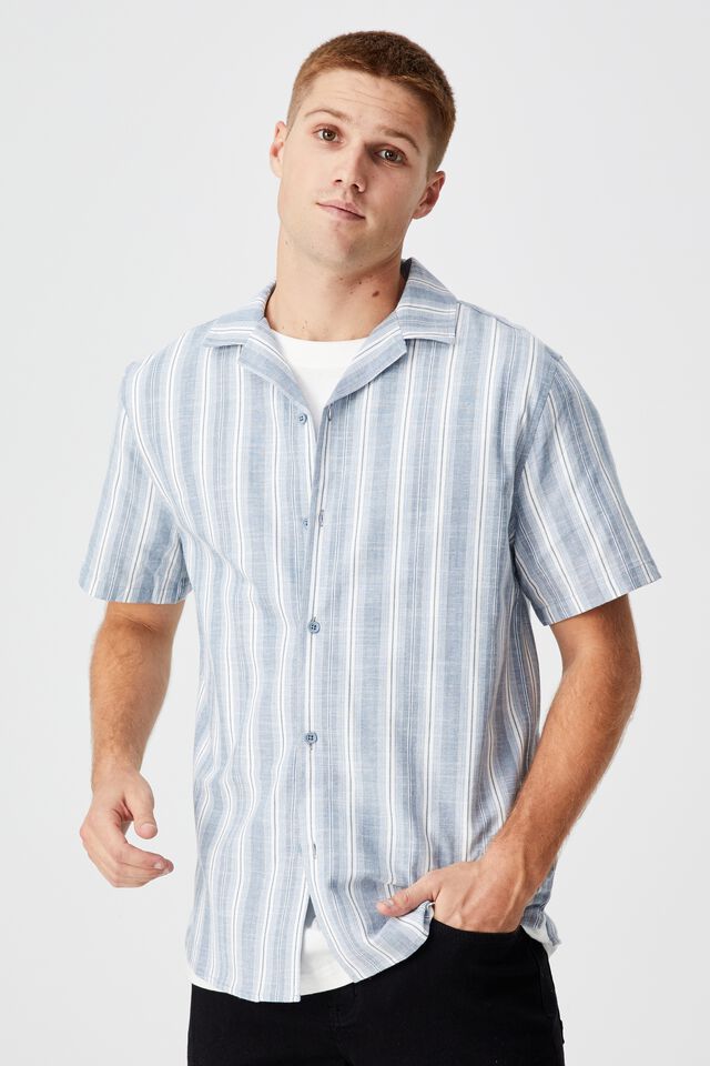 Textured Short Sleeve Shirt, DUSTY BLUE IKAT STRIPE