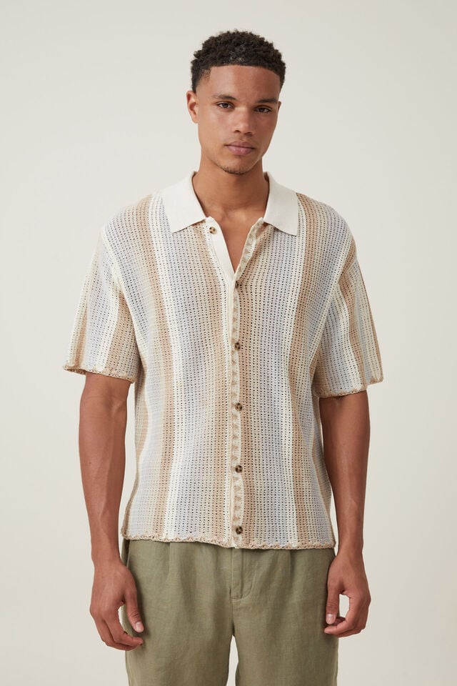 Pablo Short Sleeve Shirt, CREAM VERT STRIPE