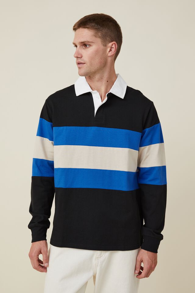 Rugby Long Sleeve Polo, ELECTRIC BLUE TRI STRIPE