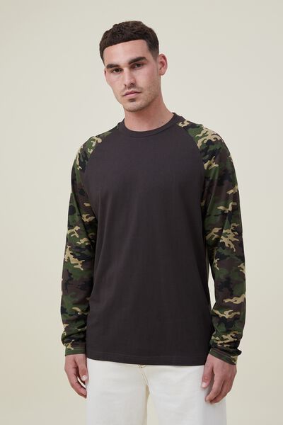 Raglan Long Sleeve T-Shirt, WASHED BLACK/CAMO