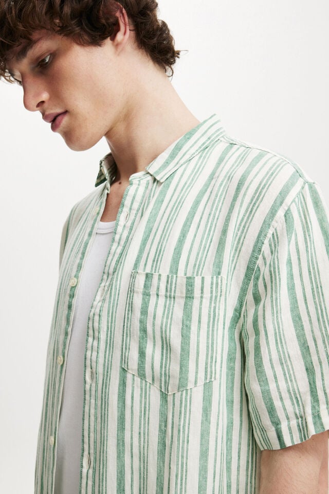 Linen Short Sleeve Shirt, EMERALD STRIPE