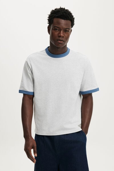 Cropped Fit T-Shirt, LIGHT GREY MARLE / DEEP SEA BLUE RINGER