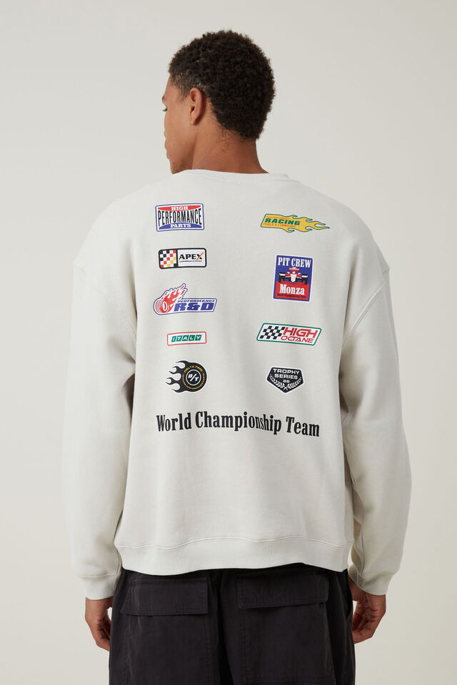 Box Fit Graphic Crew Sweater, BONE / CHAMPIONSHIP MULTI LOGOS
