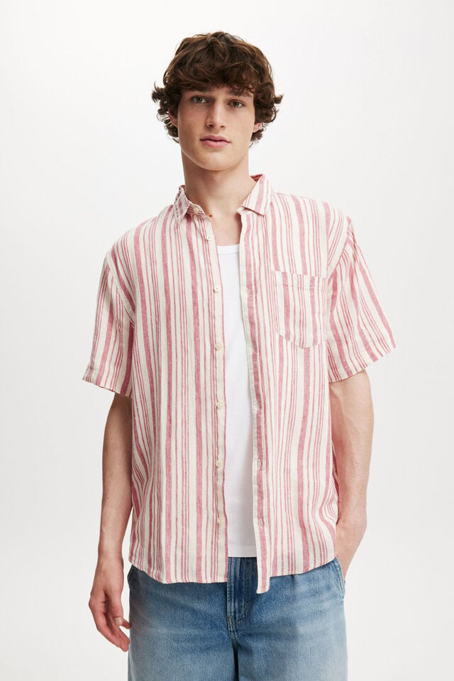 Linen Short Sleeve Shirt, PINK STRIPE