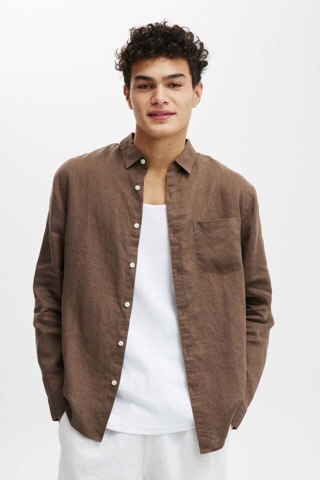 Linen Long Sleeve Shirt, ESPRESSO