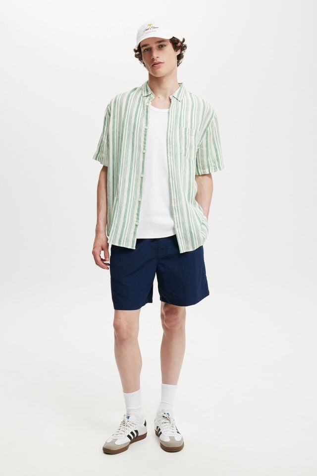 Linen Short Sleeve Shirt, EMERALD STRIPE