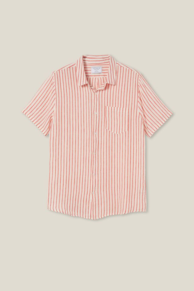 Linen Short Sleeve Shirt, SPORT RED STRIPE