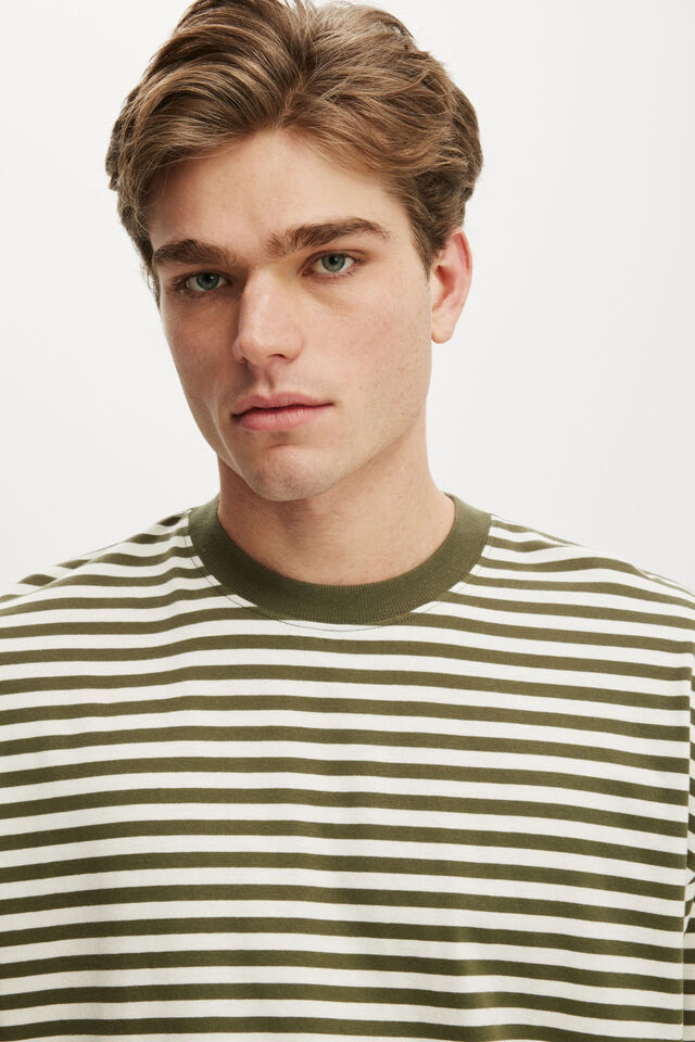 Camiseta - Cropped Fit T-Shirt, KHAKI / CLOUD STRIPE