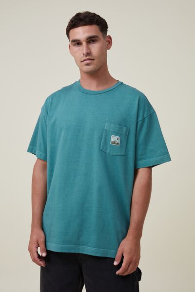 Box Fit Plain T-Shirt, WASH FOREST POCKET/WOVEN MOUNTAIN