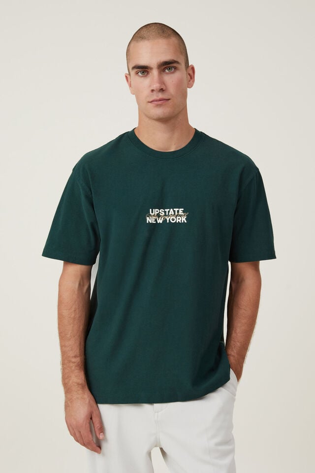 Premium Loose Fit Art T-Shirt, PINE NEEDLE GREEN/UPSTATE NEW YORK SCRIPT