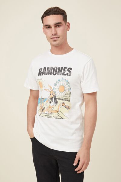 Tbar Collab Music T-Shirt, LCN MT VINTAGE WHITE/RAMONES - ROCKAWAY BEACH