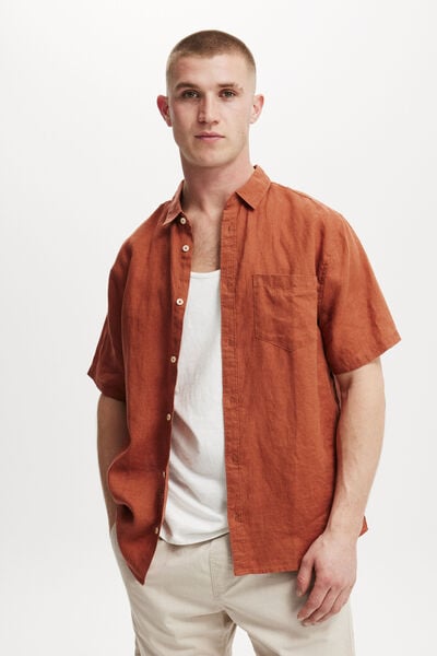 Linen Short Sleeve Shirt, TERRACOTTA