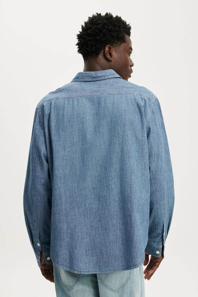 Denim Long Sleeve Worker Shirt, LIGHT BLUE CHAMBRAY