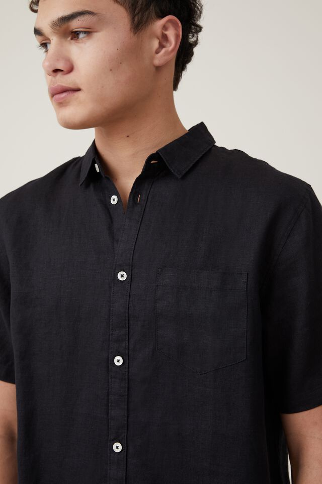 Linen Short Sleeve Shirt, BLACK