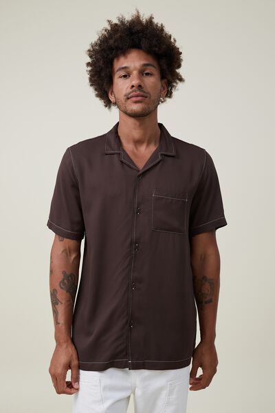 Camisas - Riviera Short Sleeve Shirt, RICH BROWN POP STITCH