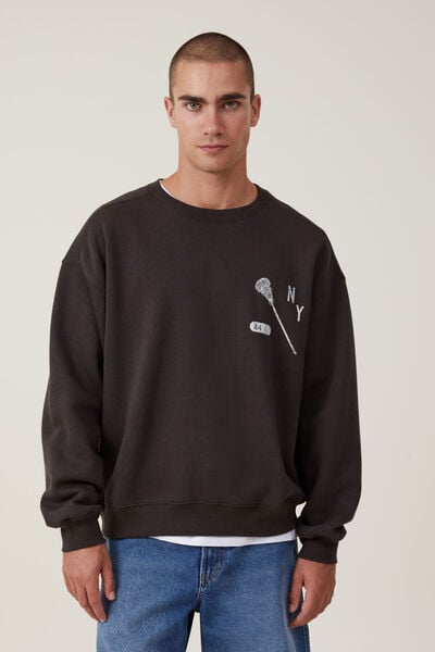 Box Fit College Crew Sweater, WASHED BLACK / NY LACROSSE