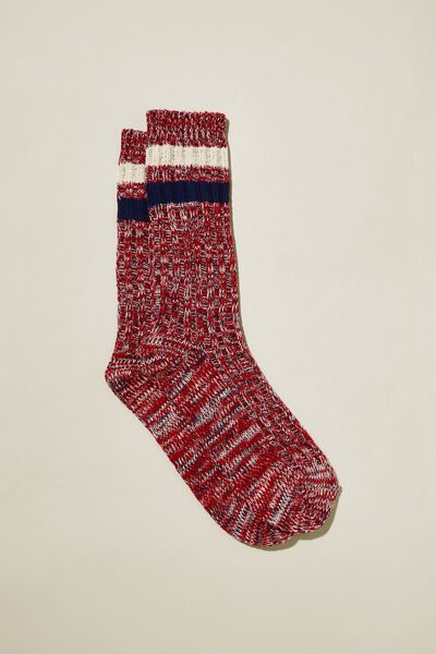 Chunky Knit Sock, DUSTY RED/BONE/NAVY DOUBLE STRIPE