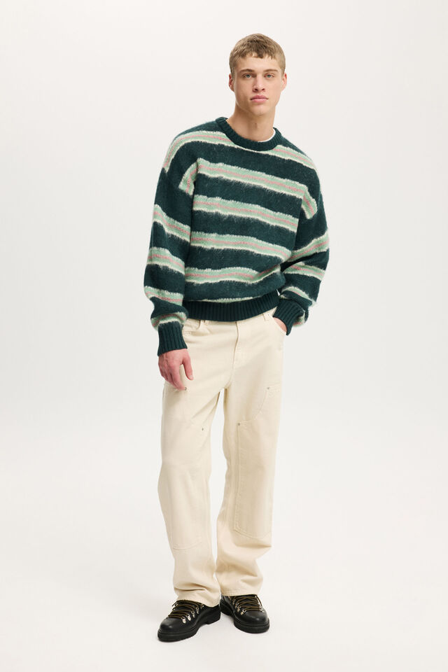Box Fit Fuzzy Crew Knit, GREEN STRIPE