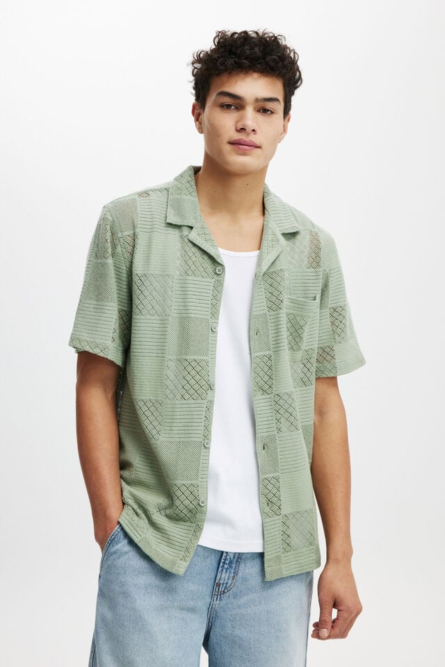 Palma Short Sleeve Shirt, SAGE GRID PATTERN