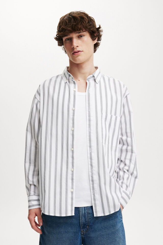 Oversized Long Sleeve Shirt, WHITE STRIPE