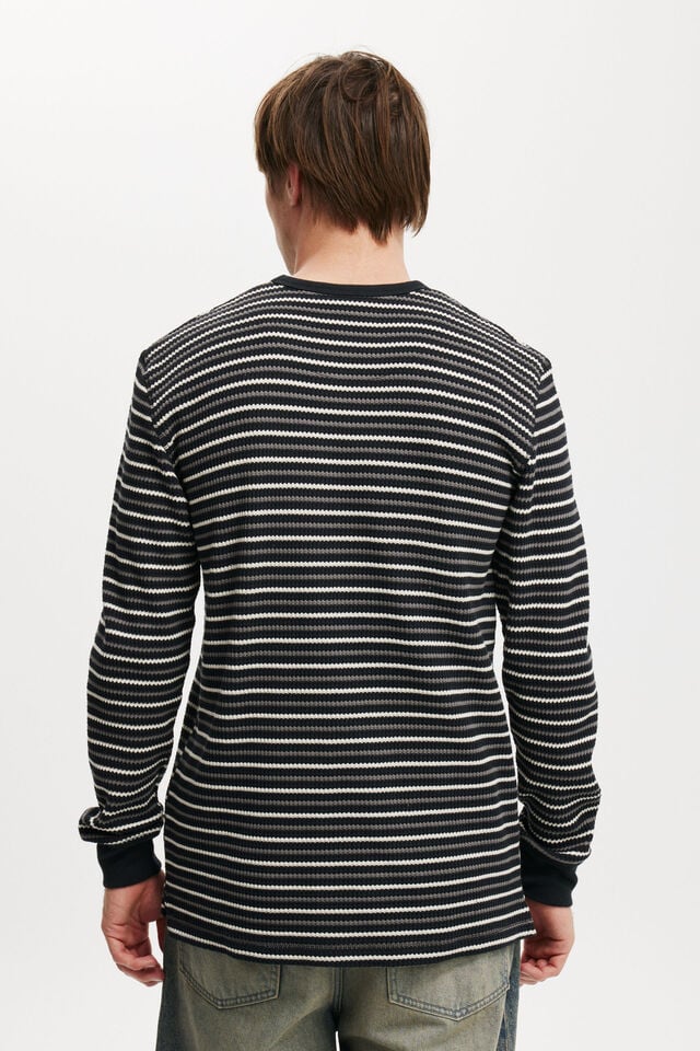 Chunky Waffle Long Sleeve Tshirt, BLACK/CHAR STRIPE