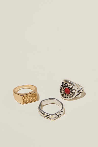 Anel - Rings Multi Pack, BRUSHED SILVER/GOLD/RED SIGNET