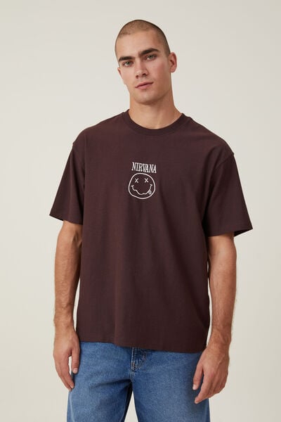 Premium Loose Fit Music T-Shirt, LCN MT DARK OAK/NIRVANA - SMILEY EMBROIDERY