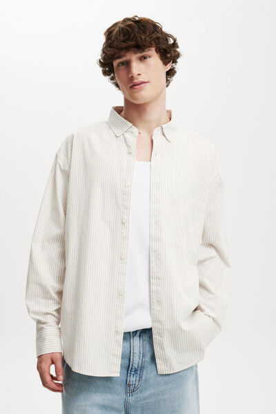 Oversized Long Sleeve Shirt, GREY WHITE STRIPE