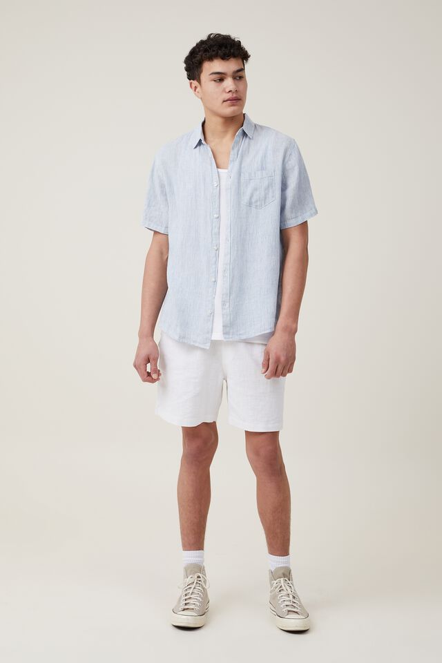 Linen Short Sleeve Shirt, MICRO BLUE STRIPE