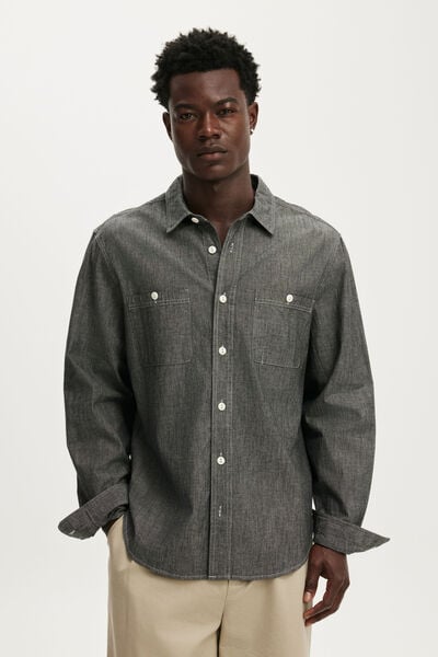Denim Long Sleeve Worker Shirt, BLACK CHAMBRAY