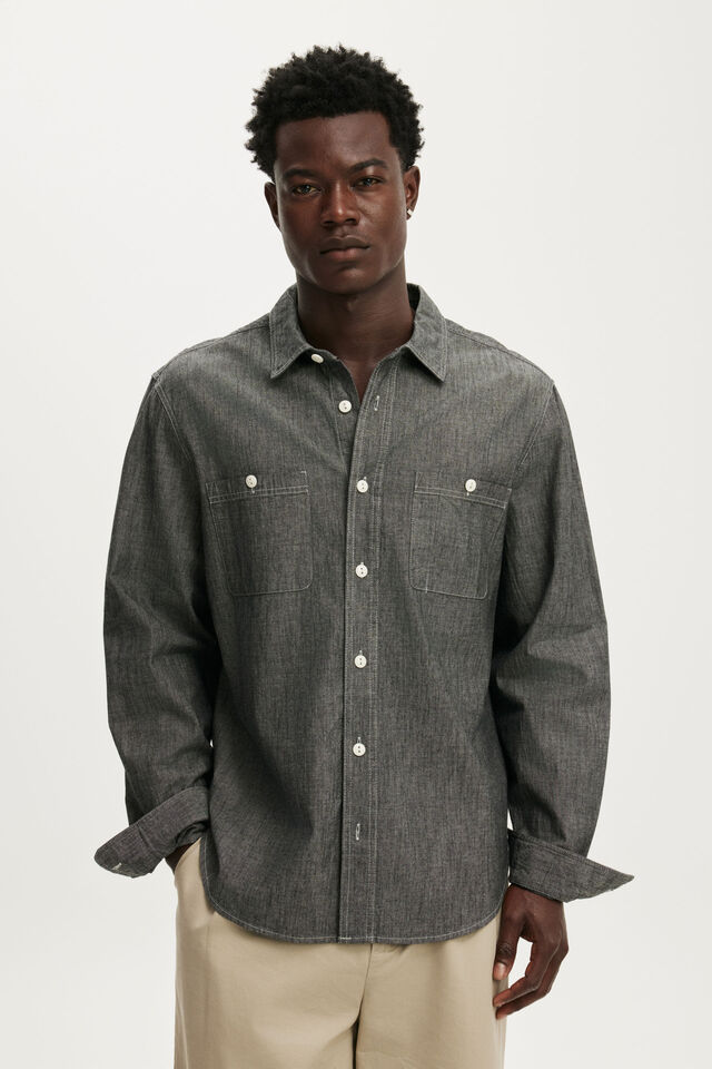 Denim Long Sleeve Worker Shirt, BLACK CHAMBRAY