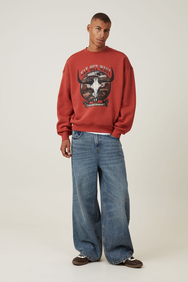 Box Fit Graphic Crew Sweater, BRUSCHETTA RED / OUT WEST