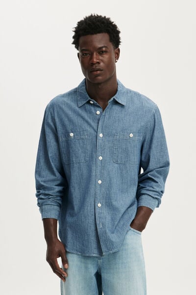 Denim Long Sleeve Worker Shirt, LIGHT BLUE CHAMBRAY